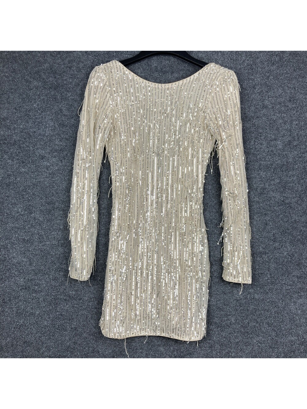 Fashion Nova Womens Size Small Champagne Shimmery Tassel Bodycon Open Back Dress